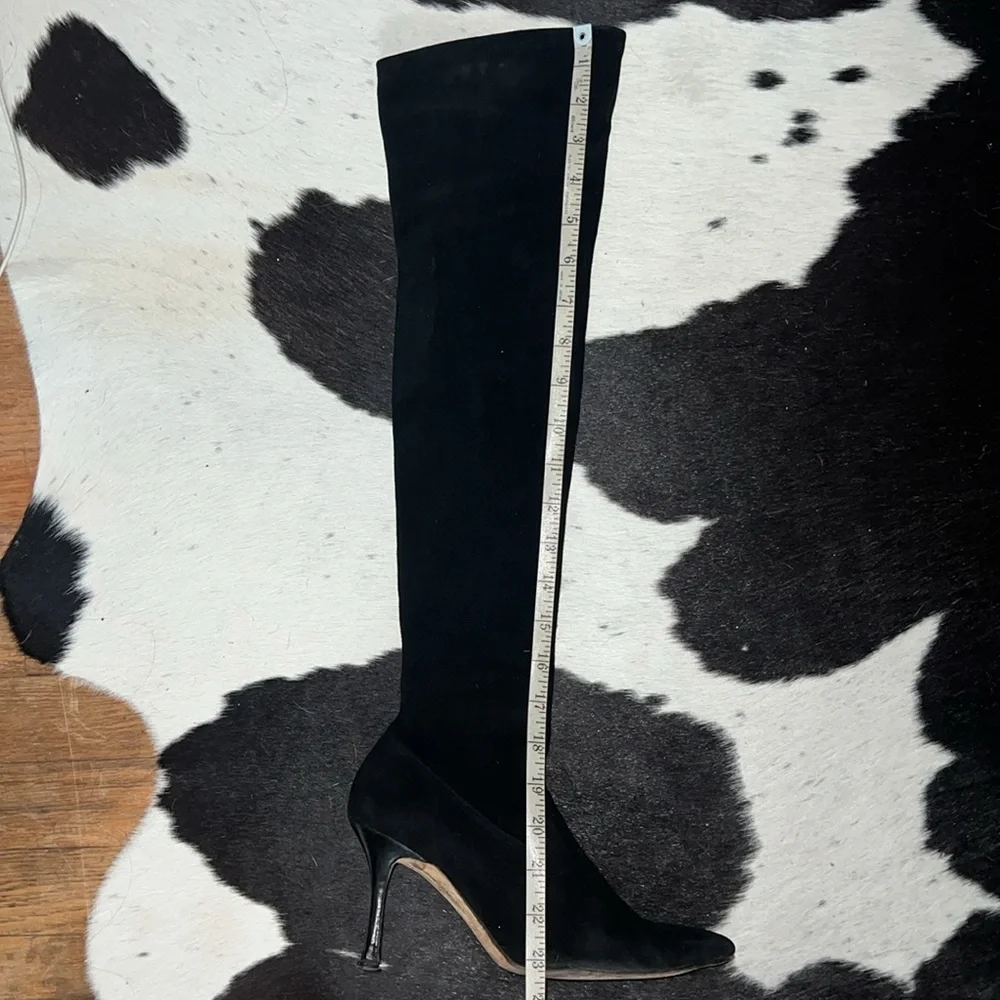 Manolo Blahnik Black Suede Thigh High Over-the-knee Pointed Heeled Boots, 37.5